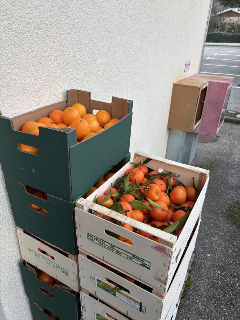 Clementine delivery outside French school cafeteria kitchen.