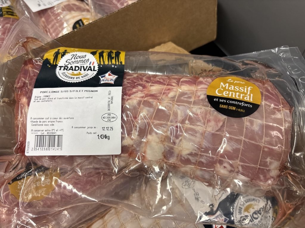 Close up of local pork filet mignon delivery for French school lunch.