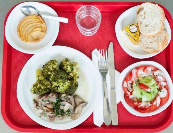 French school lunch tray with chicken and broccoli, tomato and cucumber salad, fresh bread and camembert cheese and apple tart served in a French school cafeteria lunch