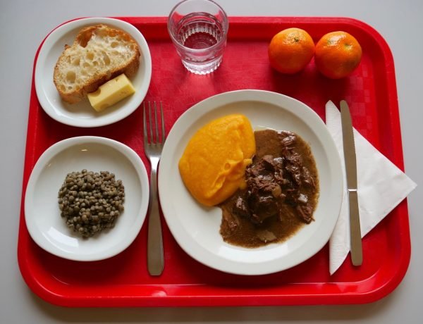 French school lunch tray with beef stew, carrot purée, green lentils, bread, cheese, water, and clementines in a public elementary school cafeteria.