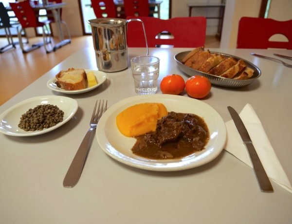 Healthy French school lunch tray with vegetables, main dish, fruit, bread, water pitcher, glass of water.