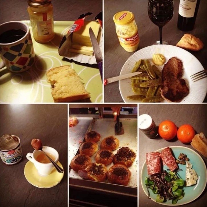 Collage showing Katarina's meals for the day — brioche breakfast, steak lunch, chocolate snack, and charcuterie dinner.