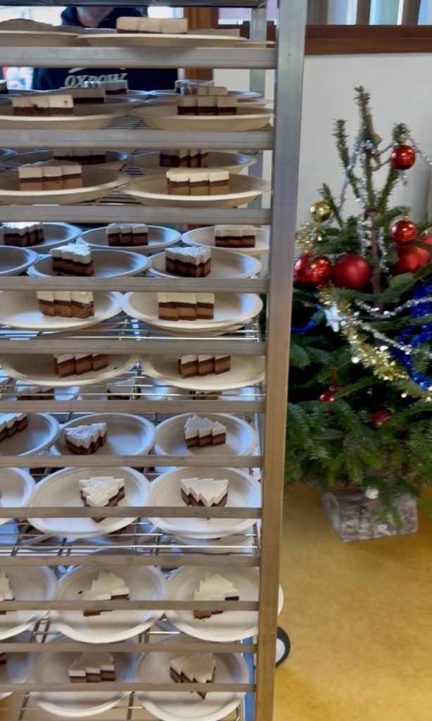 Tray of Christmas cake for dessert at Chrismas lunch at French elementary school.