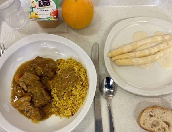 French school lunch tray with roast pork, vegetables, and semolina