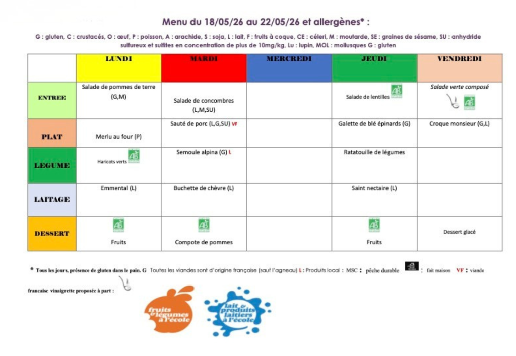 French school lunch menu from May 2026